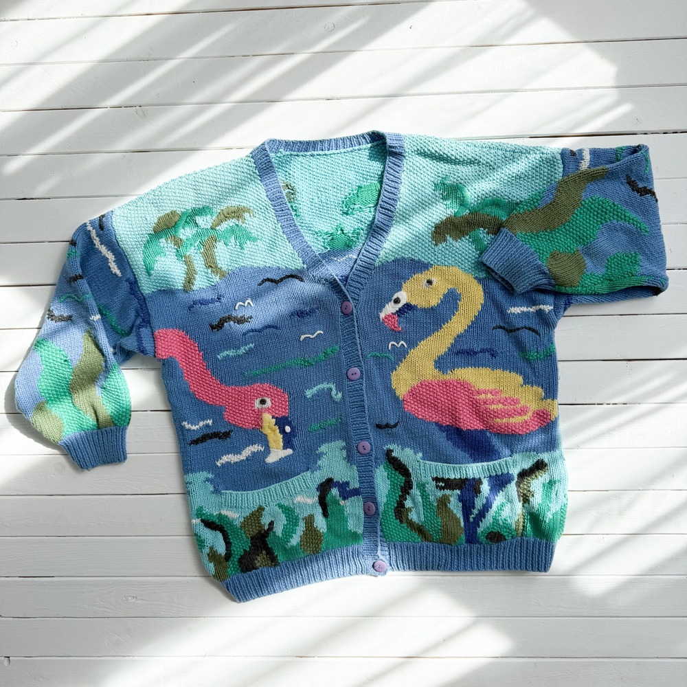 Joye + Fun blue pink flamingo‎ vtg hand knit cotton cardigan sweater size L